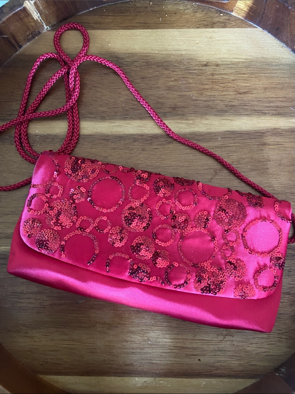 Metaphor Red Sequin Circle-Pattern Satin Clutch with Cord Strap